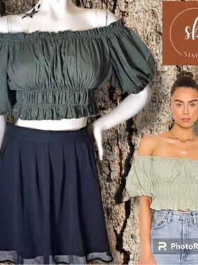 Olive Green CROPPED Coquette Festival Peasant Top Opt Off Shoulders Fits L XL